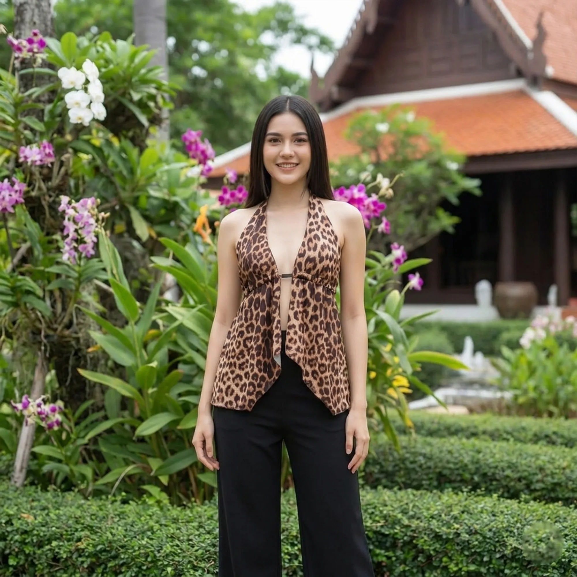 Brown-black-leopard-print-halter-neck-deep-v-sleeveless-womens-top