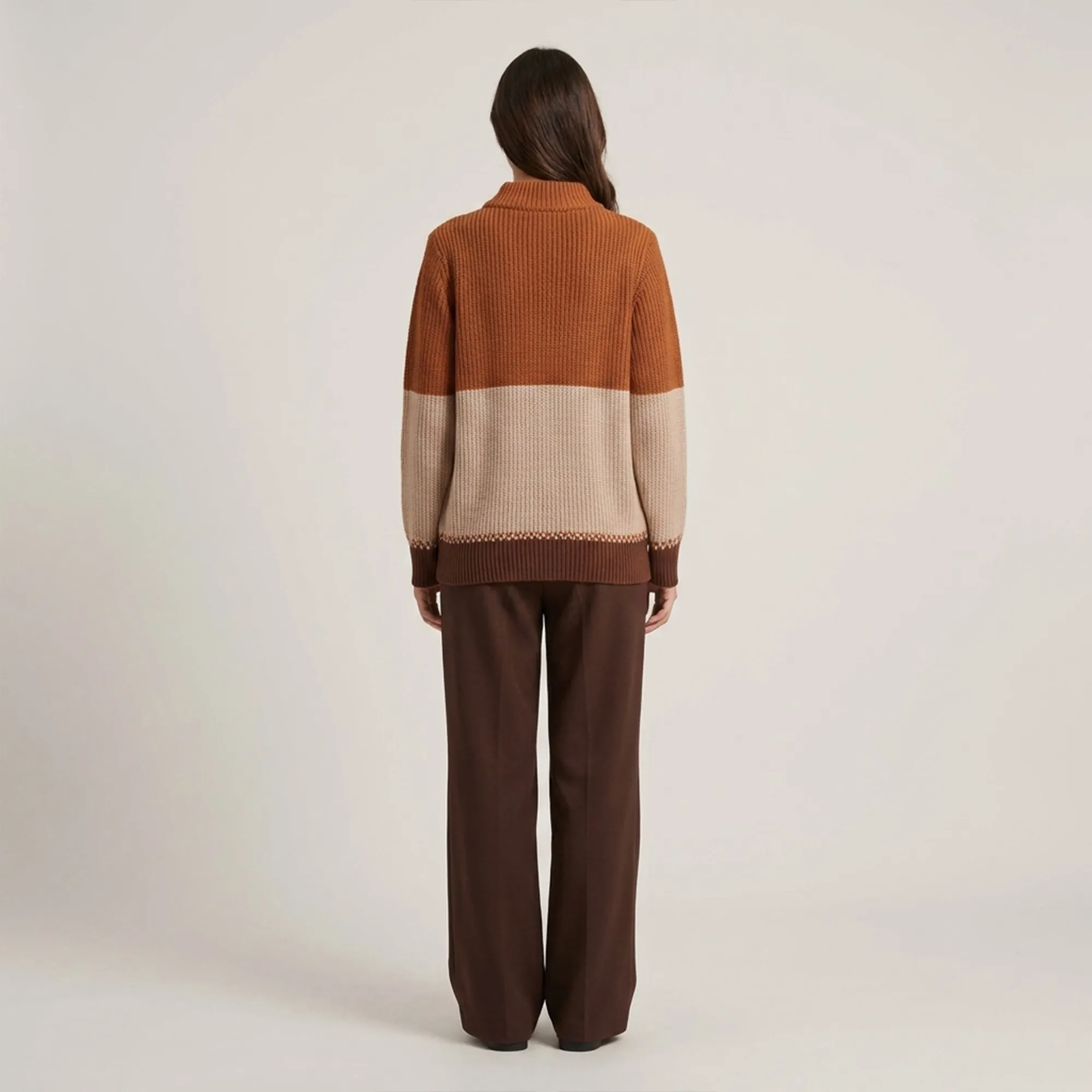 Brown-beige-color-block-high-neck-zip-up-knit-cardigan-with-front-pockets-for-women