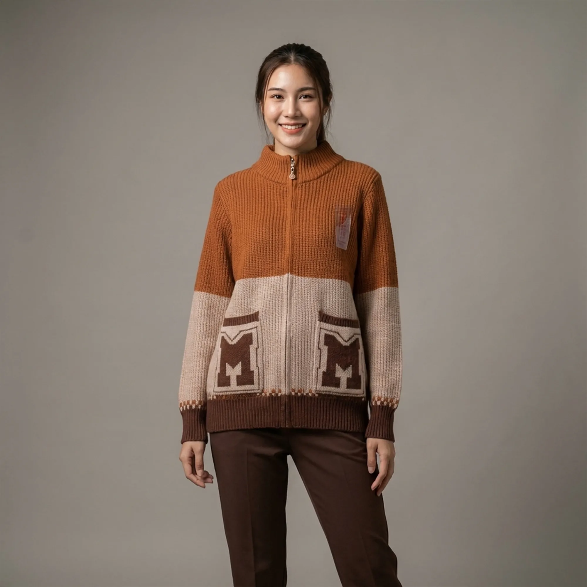 Brown-beige-color-block-high-neck-zip-up-knit-cardigan-with-front-pockets-for-women
