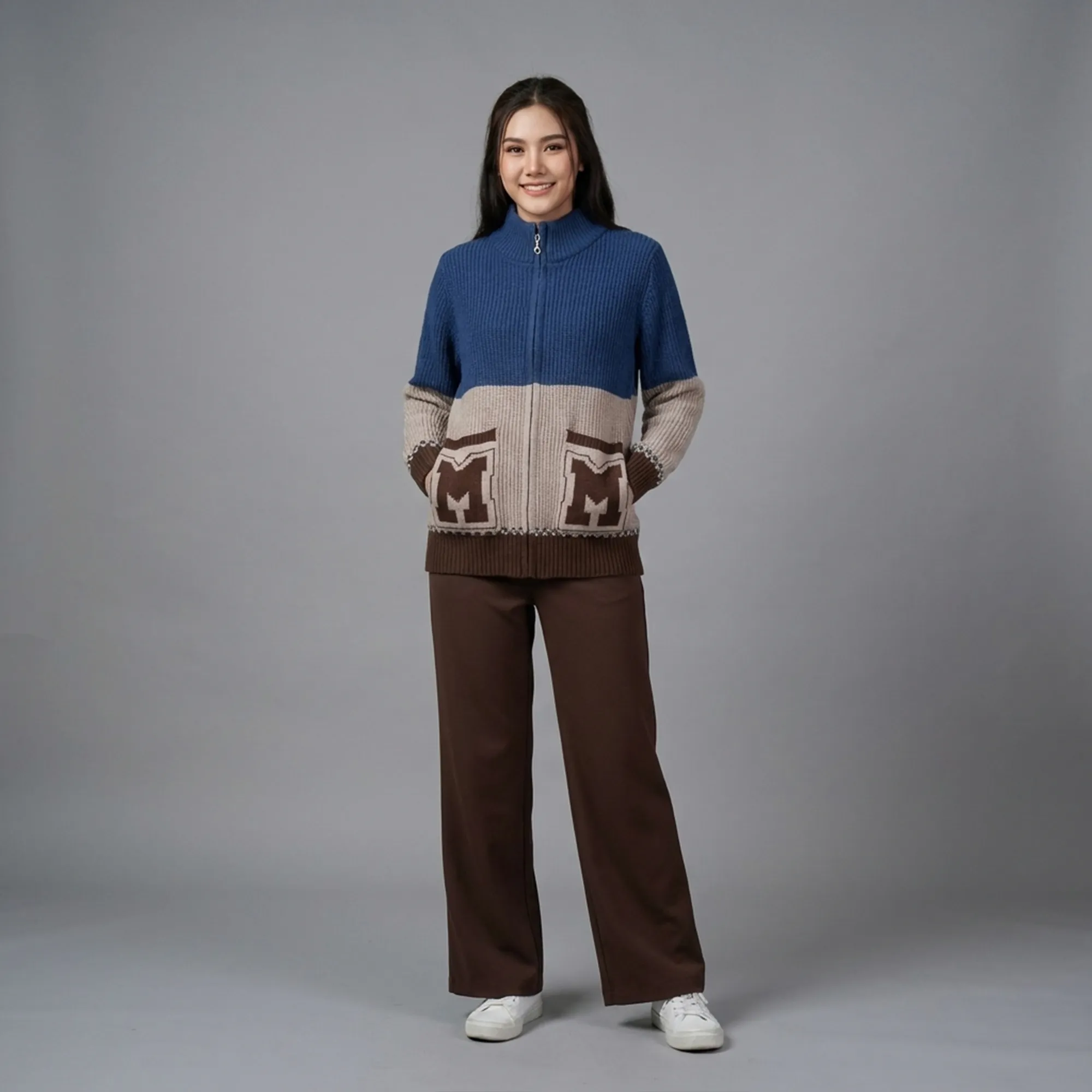 Blue-beige-color-block-high-neck-zip-up-knit-cardigan-with-front-pockets-for-women