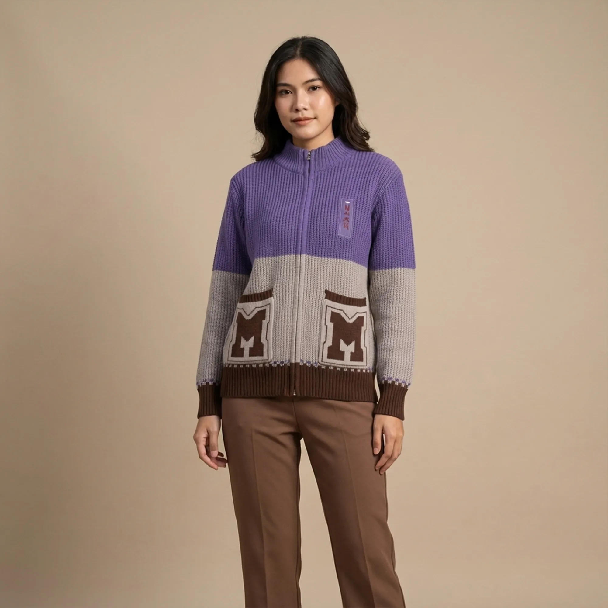 Lavender-beige-color-block-high-neck-zip-up-knit-cardigan-with-front-pockets-for-women