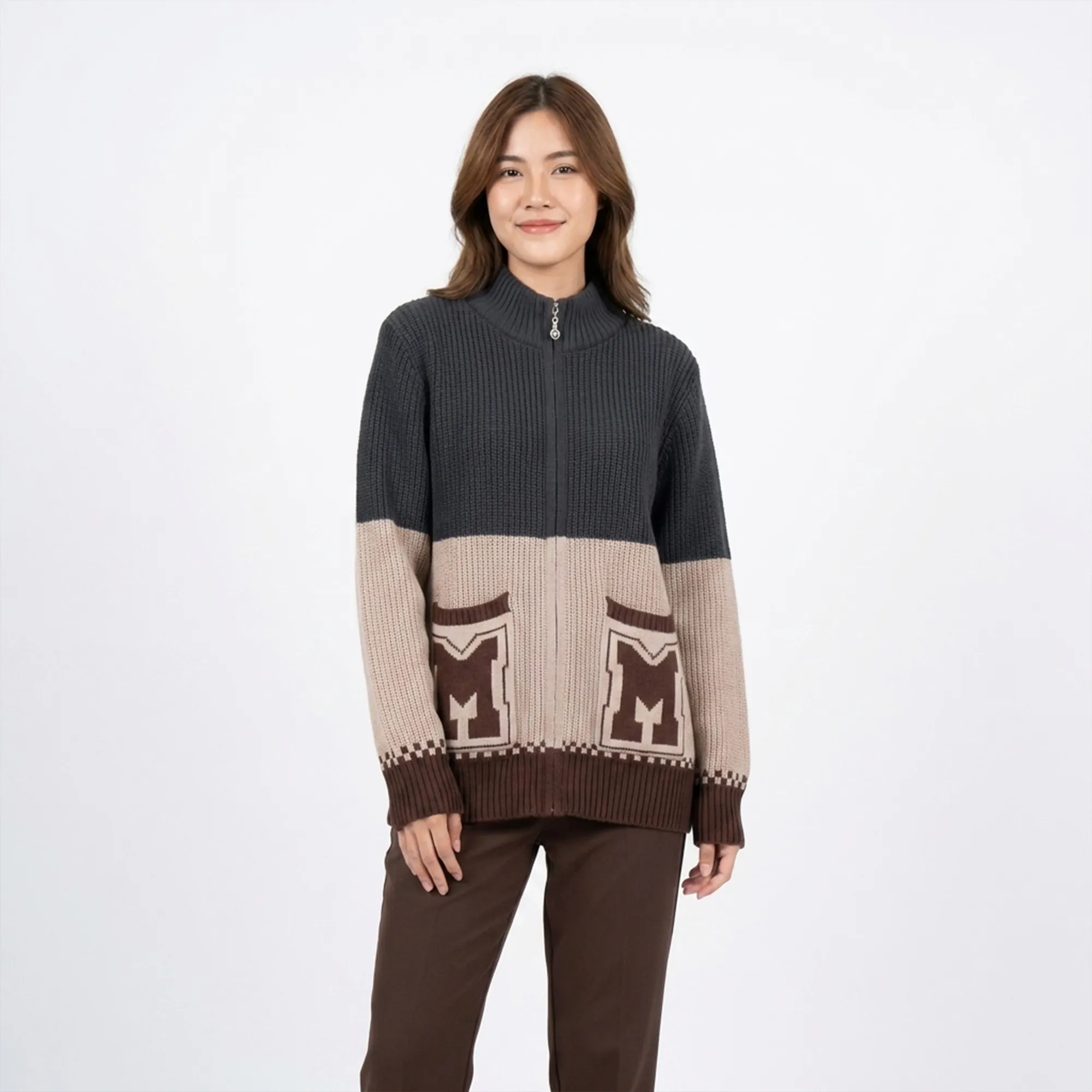 Grey-beige-color-block-high-neck-zip-up-knit-cardigan-with-front-pockets-for-women