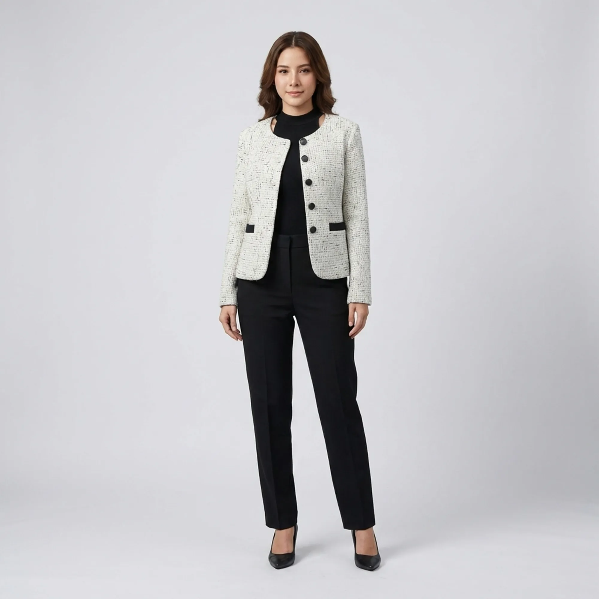 White-tweed-button-front-round-neck-full-sleeve-jacket-for-women