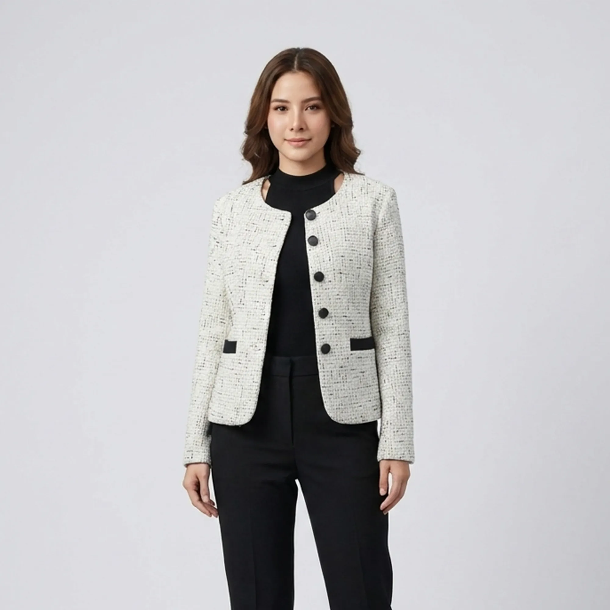White-tweed-button-front-round-neck-full-sleeve-jacket-for-women