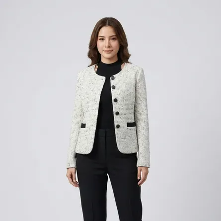 White-tweed-button-front-round-neck-full-sleeve-jacket-for-women