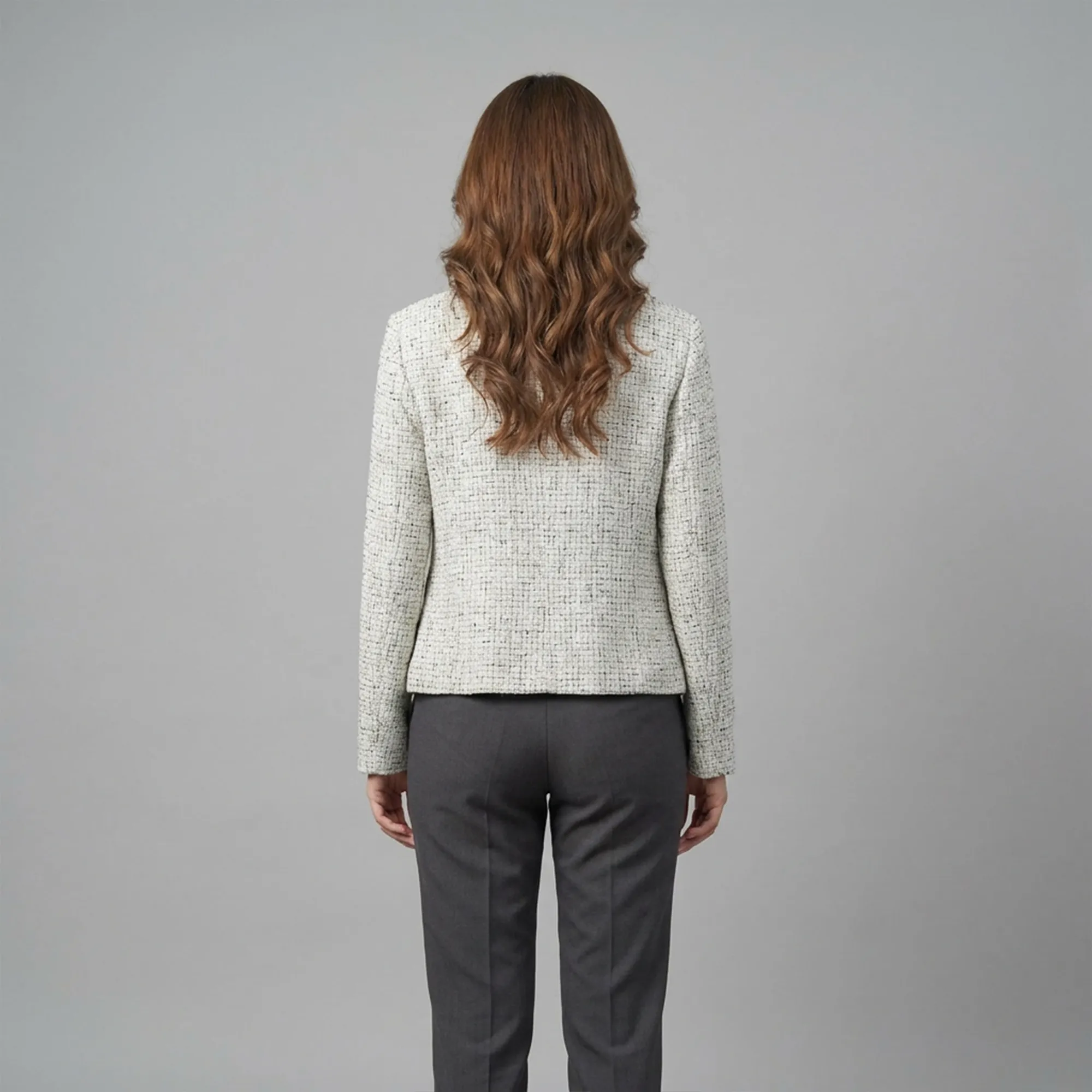 White-tweed-button-front-round-neck-full-sleeve-jacket-for-women