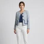 Light-blue-tweed-collarless-button-front-full-sleeve-jacket-with-navy-trim-for-women