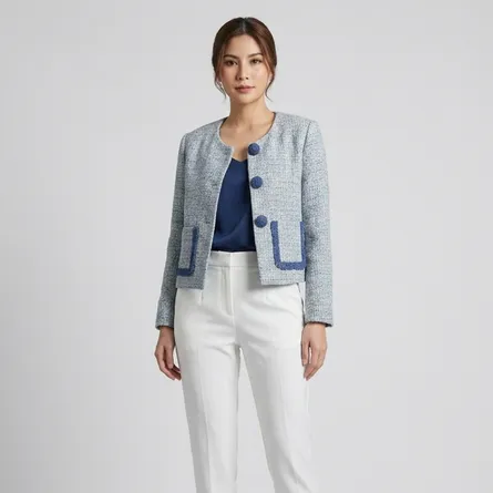 Light-blue-tweed-collarless-button-front-full-sleeve-jacket-with-navy-trim-for-women