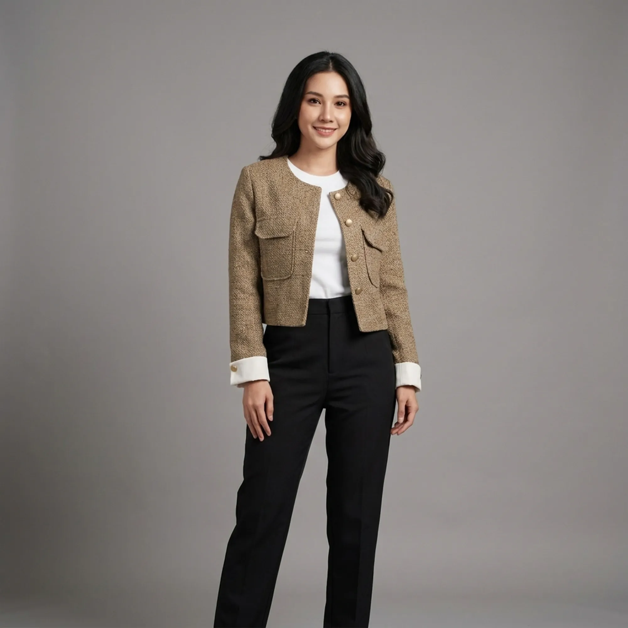 Beige-cropped-tweed-round-neck-button-front-jacket-with-flap-pockets-for-women