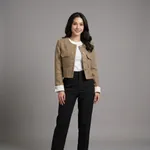 Beige-cropped-tweed-round-neck-button-front-jacket-with-flap-pockets-for-women