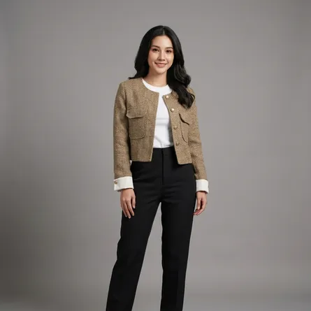 Beige-cropped-tweed-round-neck-button-front-jacket-with-flap-pockets-for-women