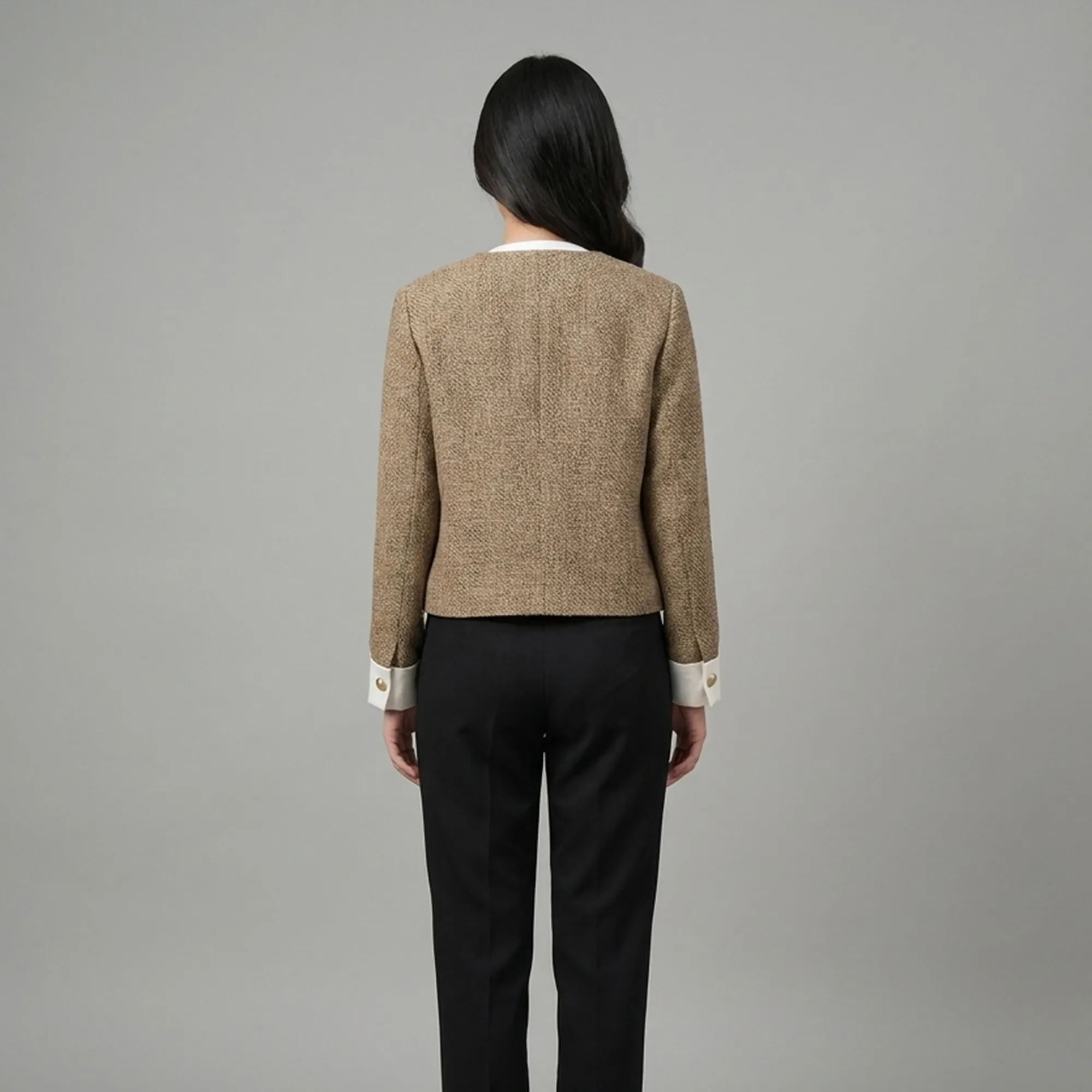 Beige-cropped-tweed-round-neck-button-front-jacket-with-flap-pockets-for-women