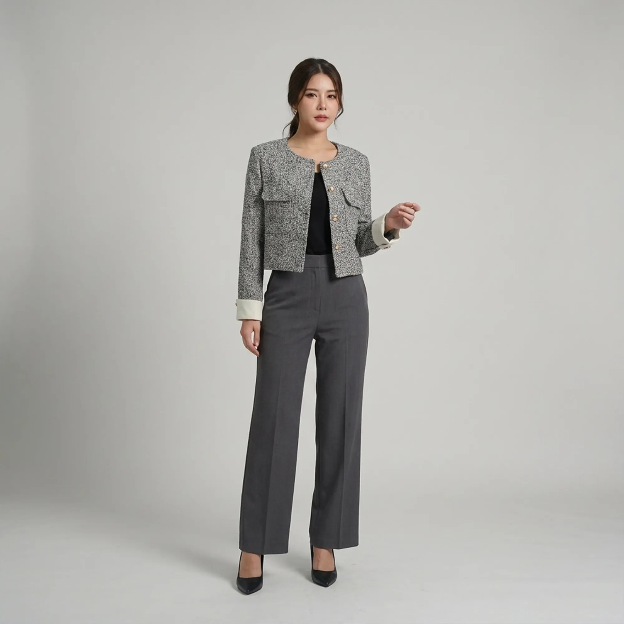 Grey-cropped-tweed-round-neck-button-front-jacket-with-flap-pockets-for-women
