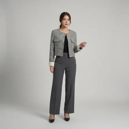 Grey-cropped-tweed-round-neck-button-front-jacket-with-flap-pockets-for-women