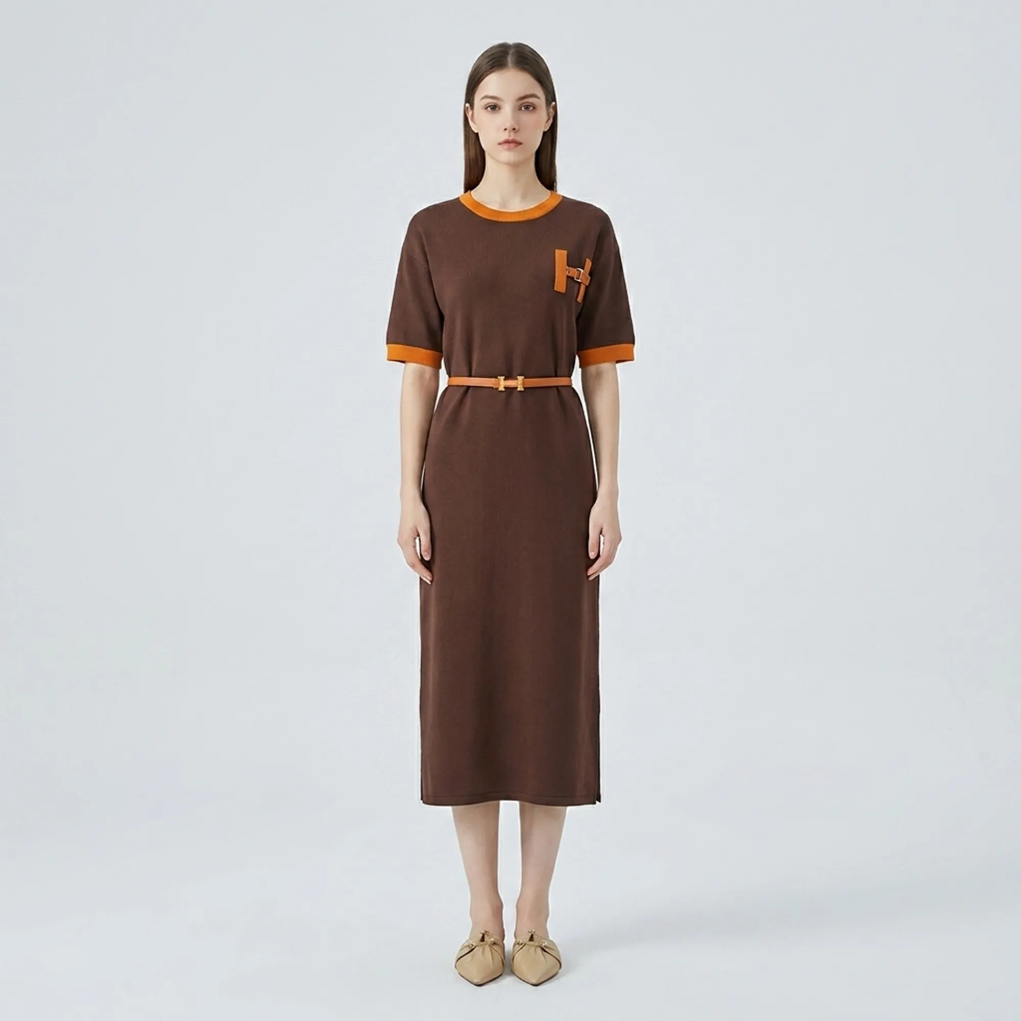 Brown-belted-crew-neck-short-sleeve-midi-t-shirt-dress-with-brown-contrast-trim-for-women