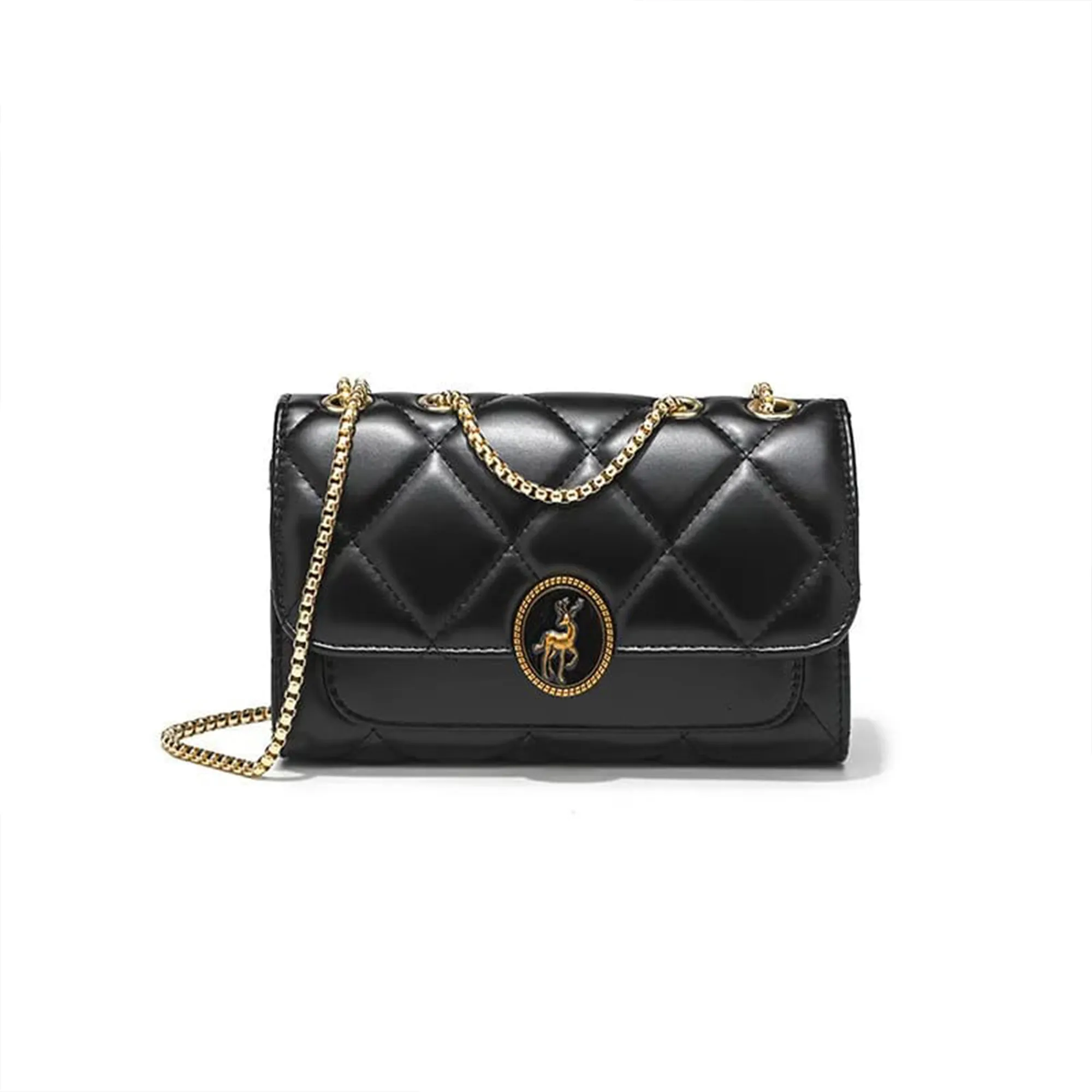 Black-quilted-faux-leather-chain-sling-bag-with-round-gold-clasp-for-women