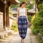 Blue-elephant-print-boho-harem-pants-for-women-with-elastic-waist-and-drawstring