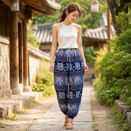 Blue-elephant-print-boho-harem-pants-for-women-with-elastic-waist-and-drawstring
