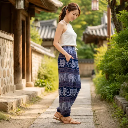 Blue-elephant-print-boho-harem-pants-for-women-with-elastic-waist-and-drawstring