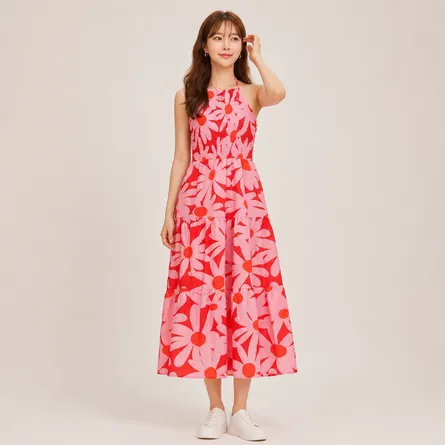 Pink-floral-halter-neck-tiered-maxi-dress-for-women-with-cross-back-straps-and-oversized-floral-print