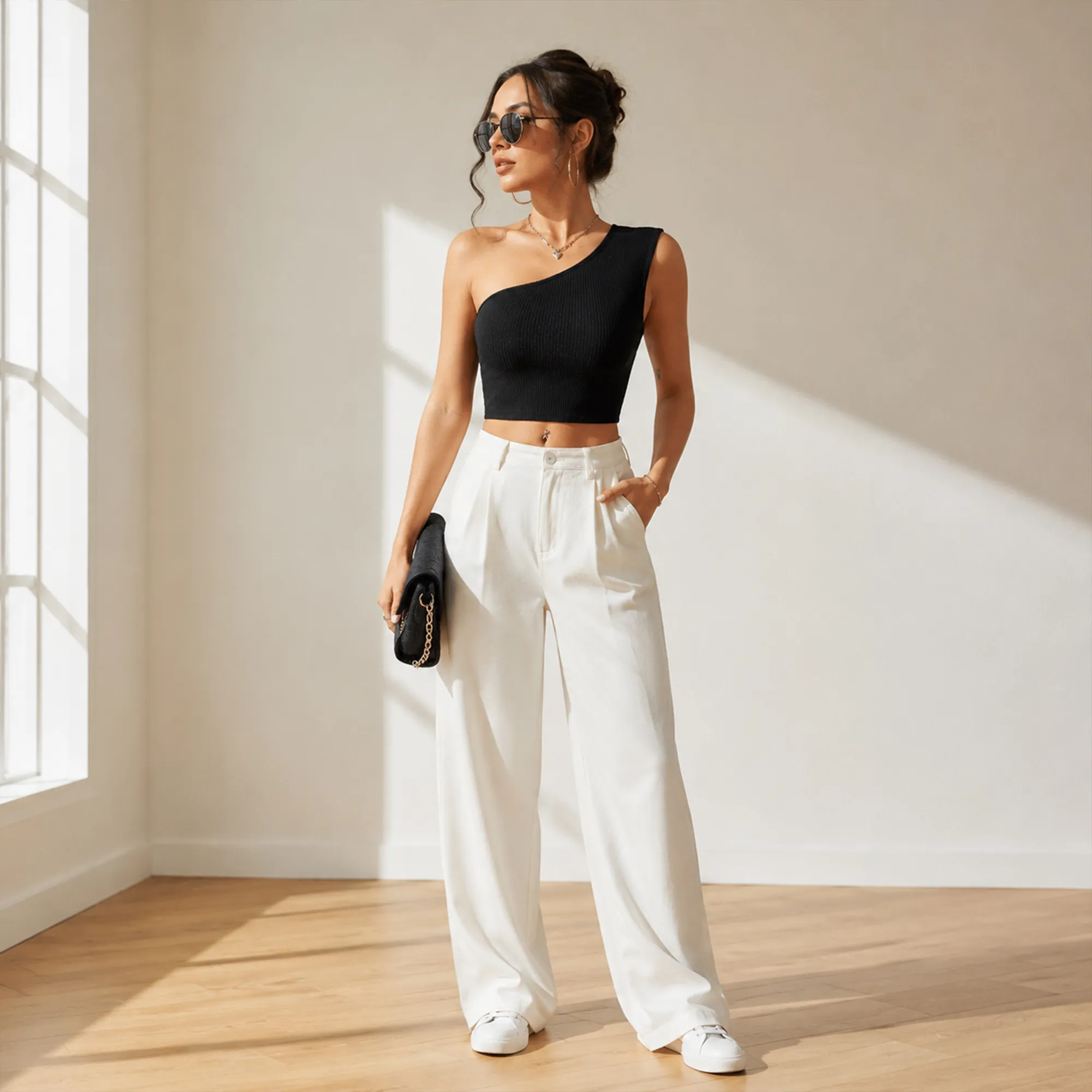 Black-one-shoulder-ribbed-sleeveless-top-for-women
