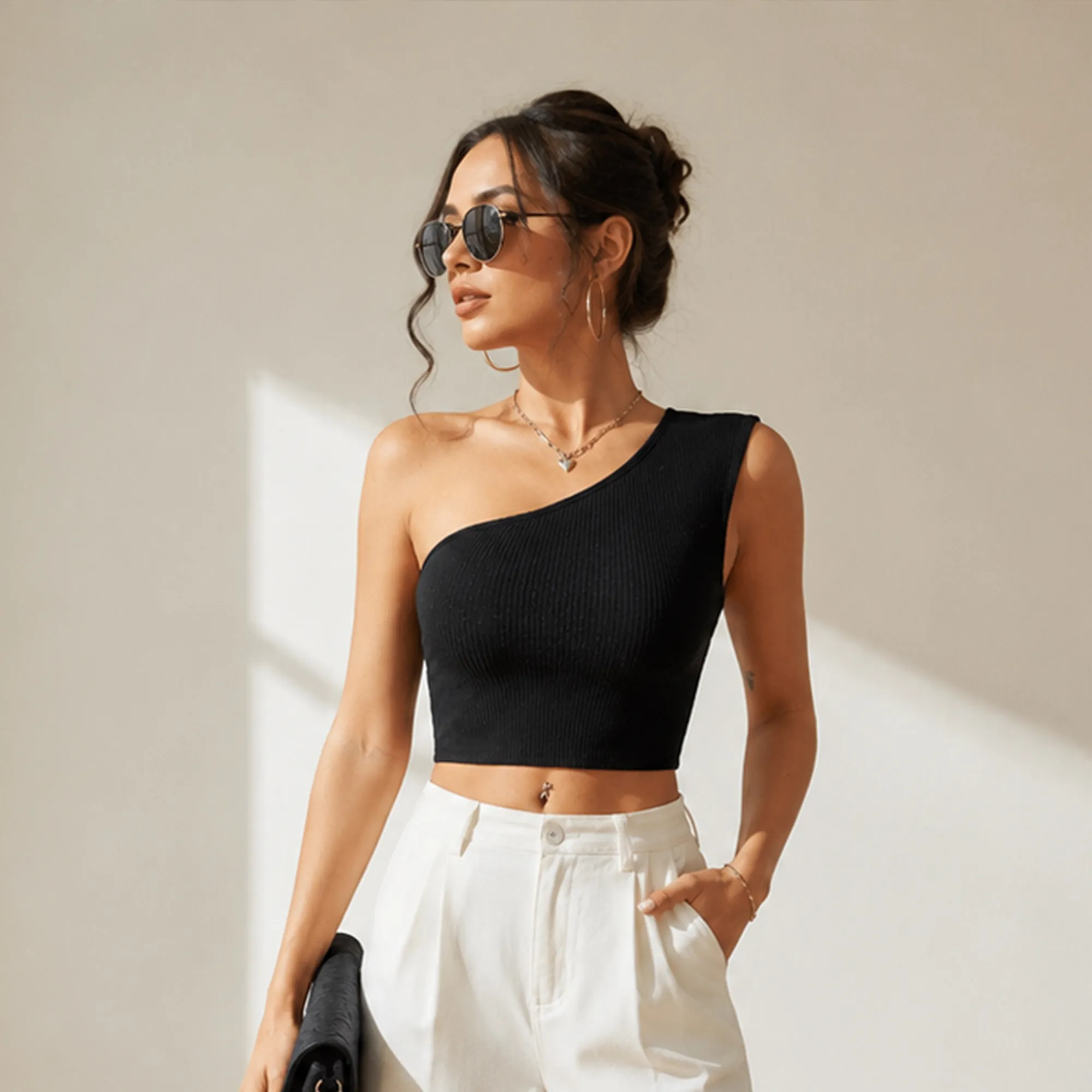 Black-one-shoulder-ribbed-sleeveless-top-for-women