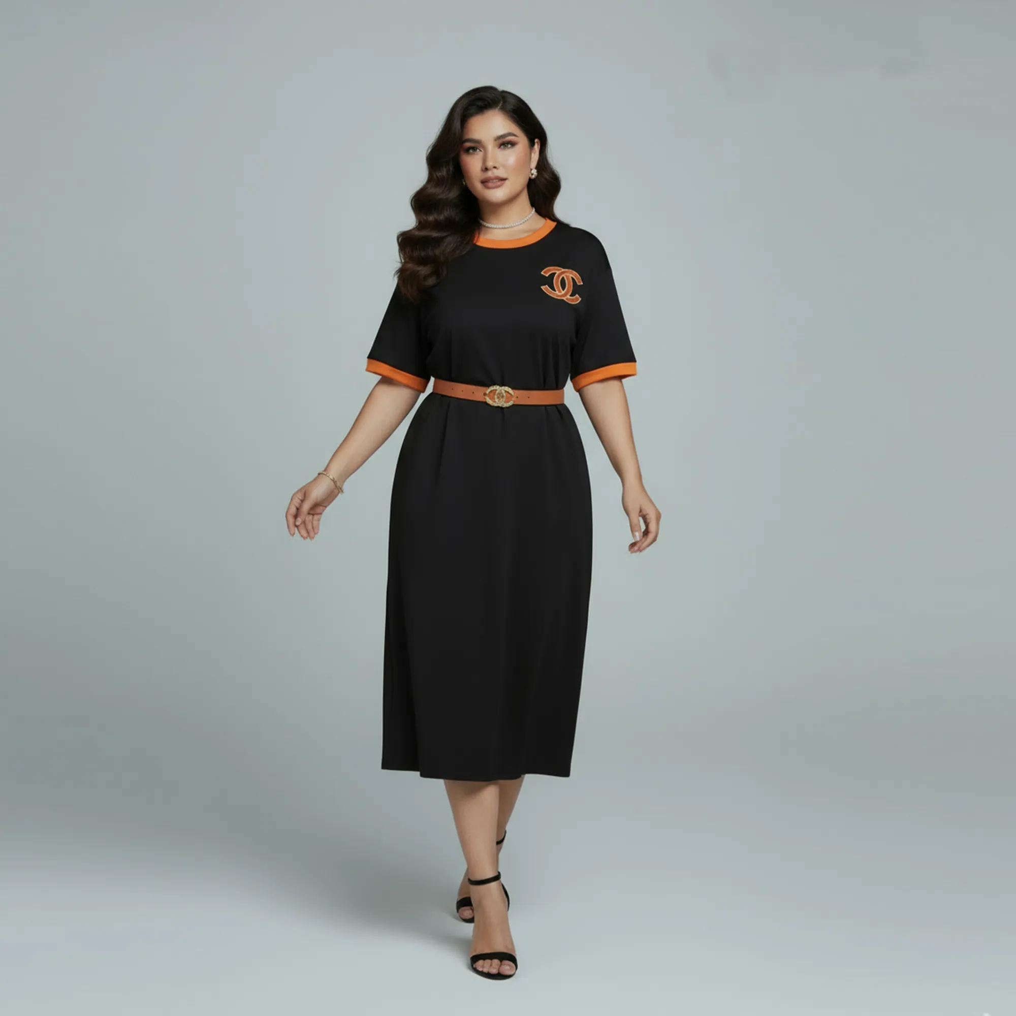 Black-contrast-trim-round-neck-half-sleeve-belted-midi-t-shirt-dress-for-women-with-side-slit-and-logo-applique