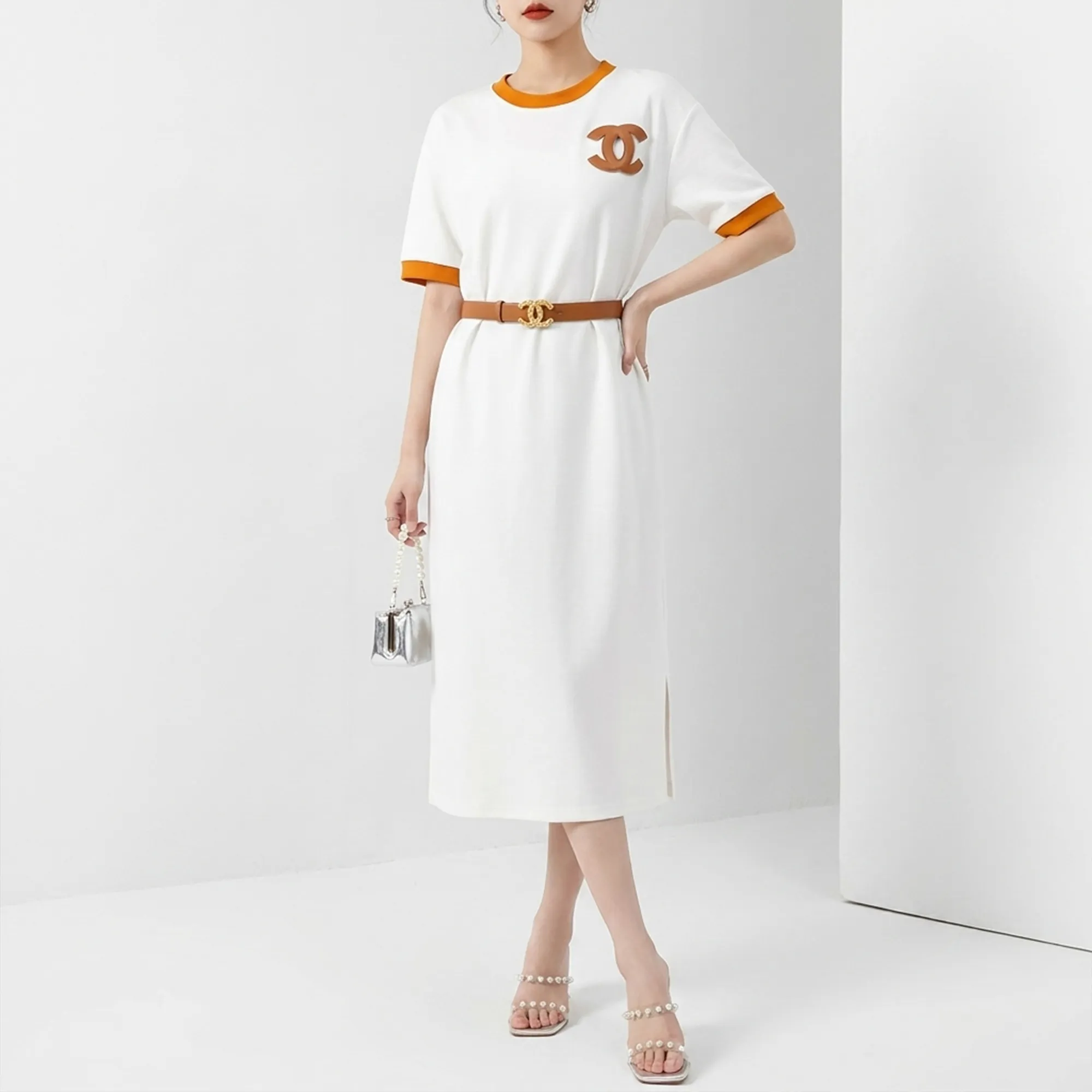White-contrast-trim-round-neck-half-sleeve-belted-midi-t-shirt-dress-for-women-with-side-slit-and-logo-applique