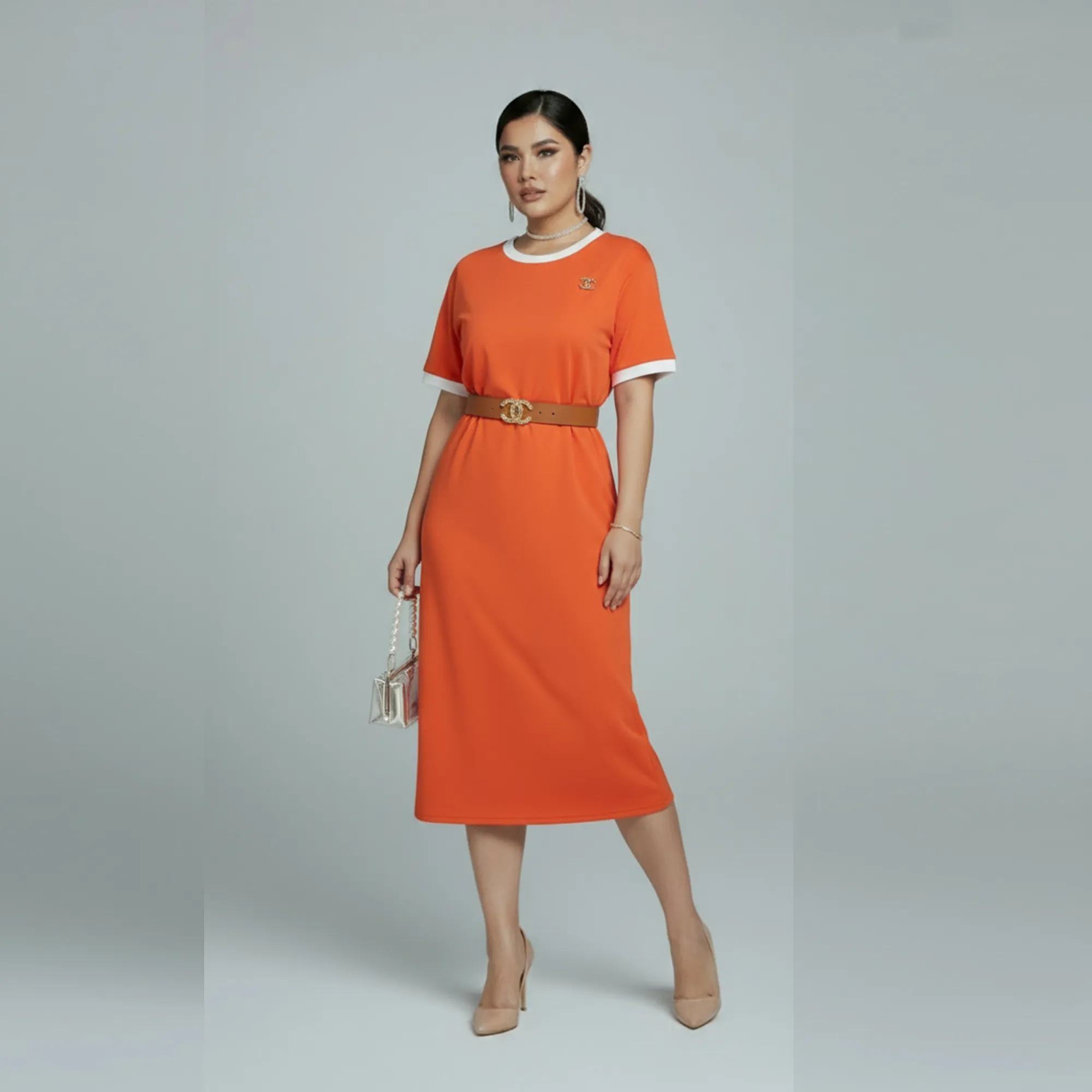 Orange-contrast-trim-round-neck-half-sleeve-belted-midi-t-shirt-dress-for-women-with-side-slit-and-logo-applique