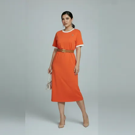 Orange-contrast-trim-round-neck-half-sleeve-belted-midi-t-shirt-dress-for-women-with-side-slit-and-logo-applique