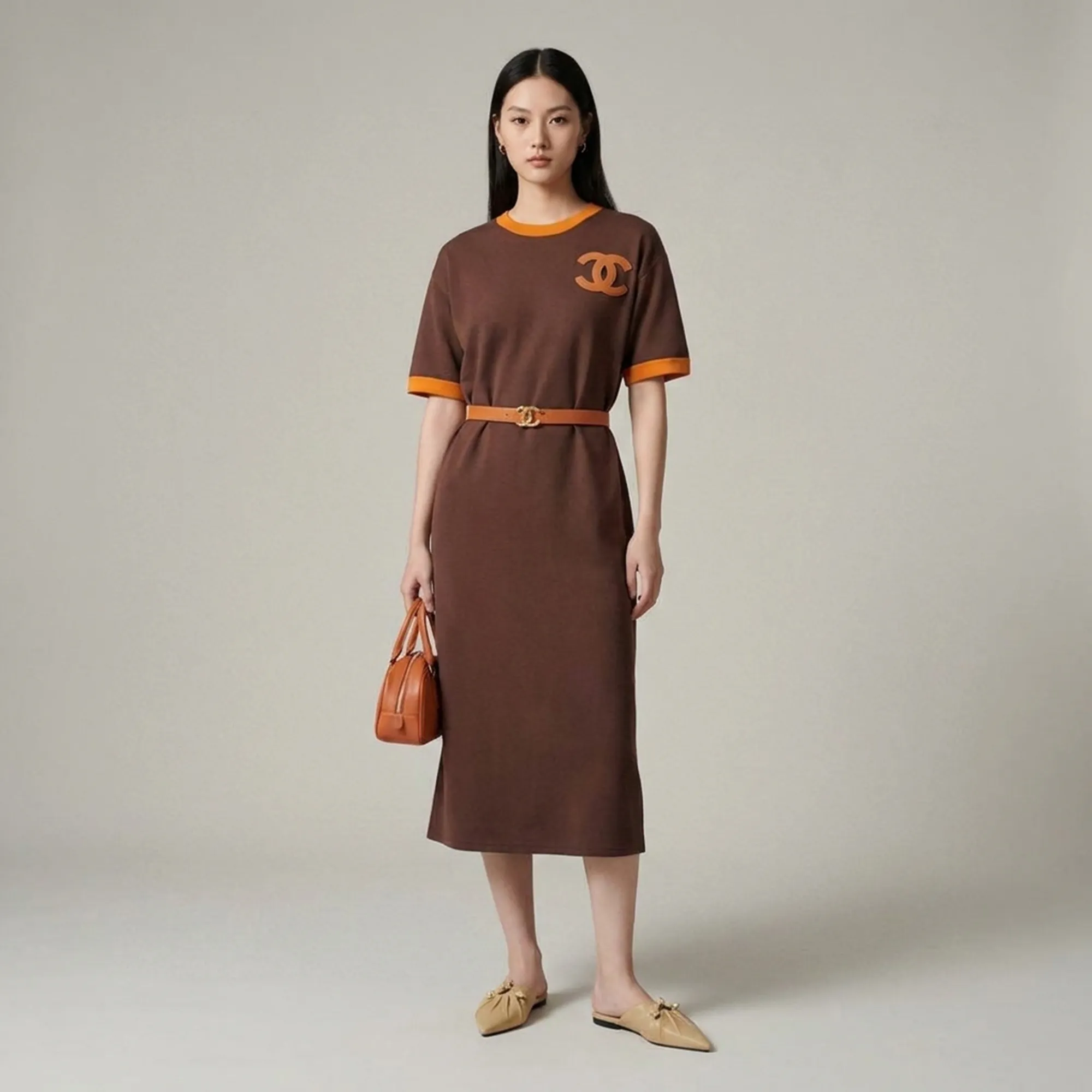 Brown-contrast-trim-round-neck-half-sleeve-belted-midi-t-shirt-dress-for-women-with-side-slit-and-logo-applique