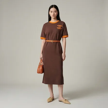 Brown-contrast-trim-round-neck-half-sleeve-belted-midi-t-shirt-dress-for-women-with-side-slit-and-logo-applique