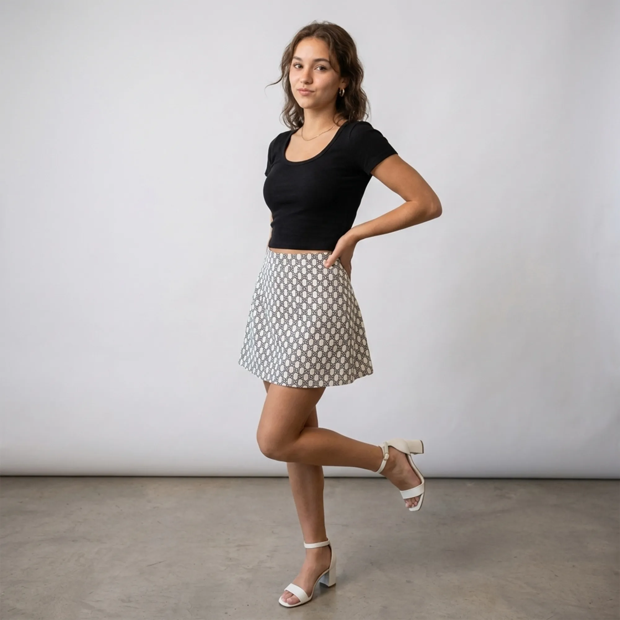 Grey-and-white-geometric-print-high-waist-a-line-mini-skirt-for-women