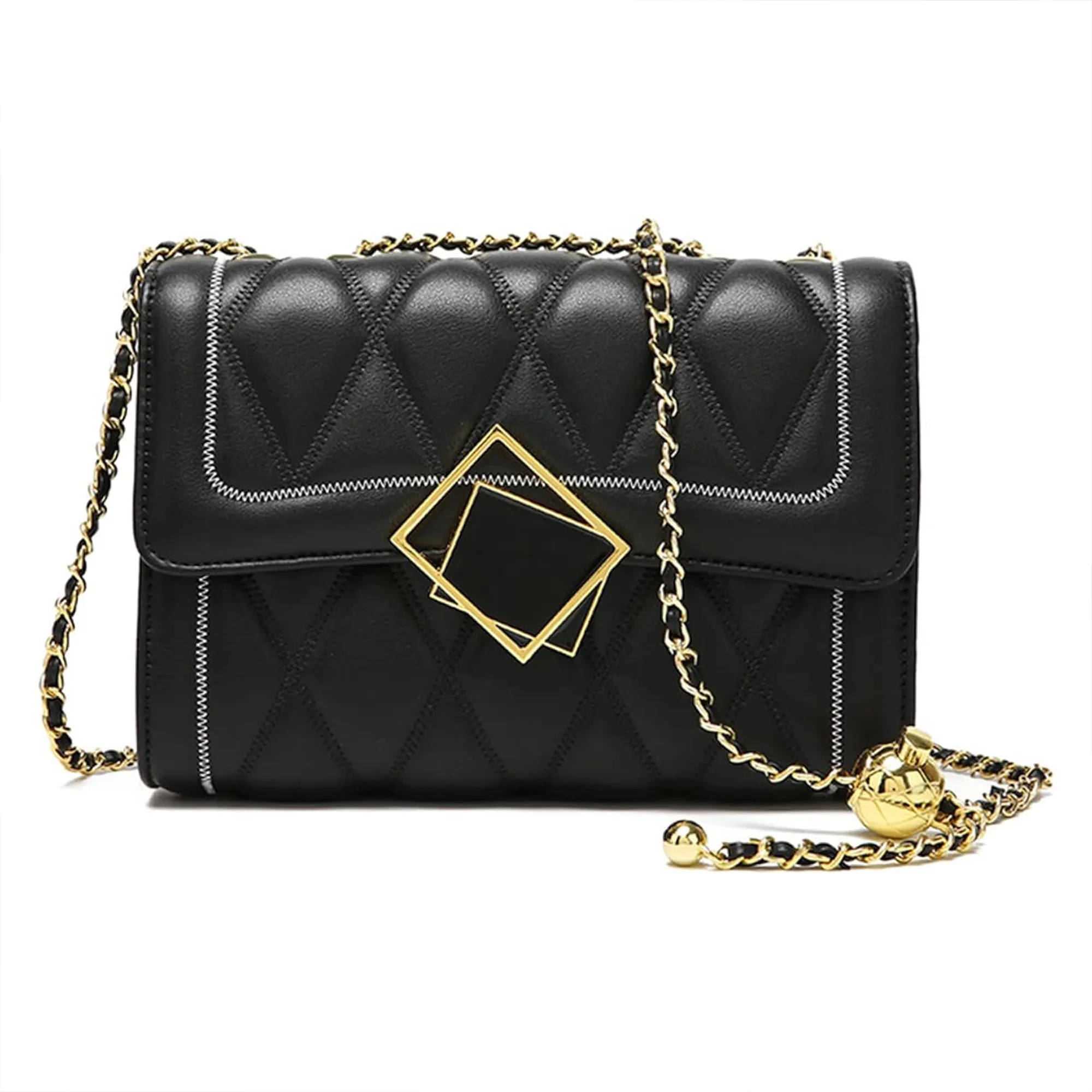 Black-geometric-quilted-faux-leather-chain-sling-bag-with-gold-lock-for-women