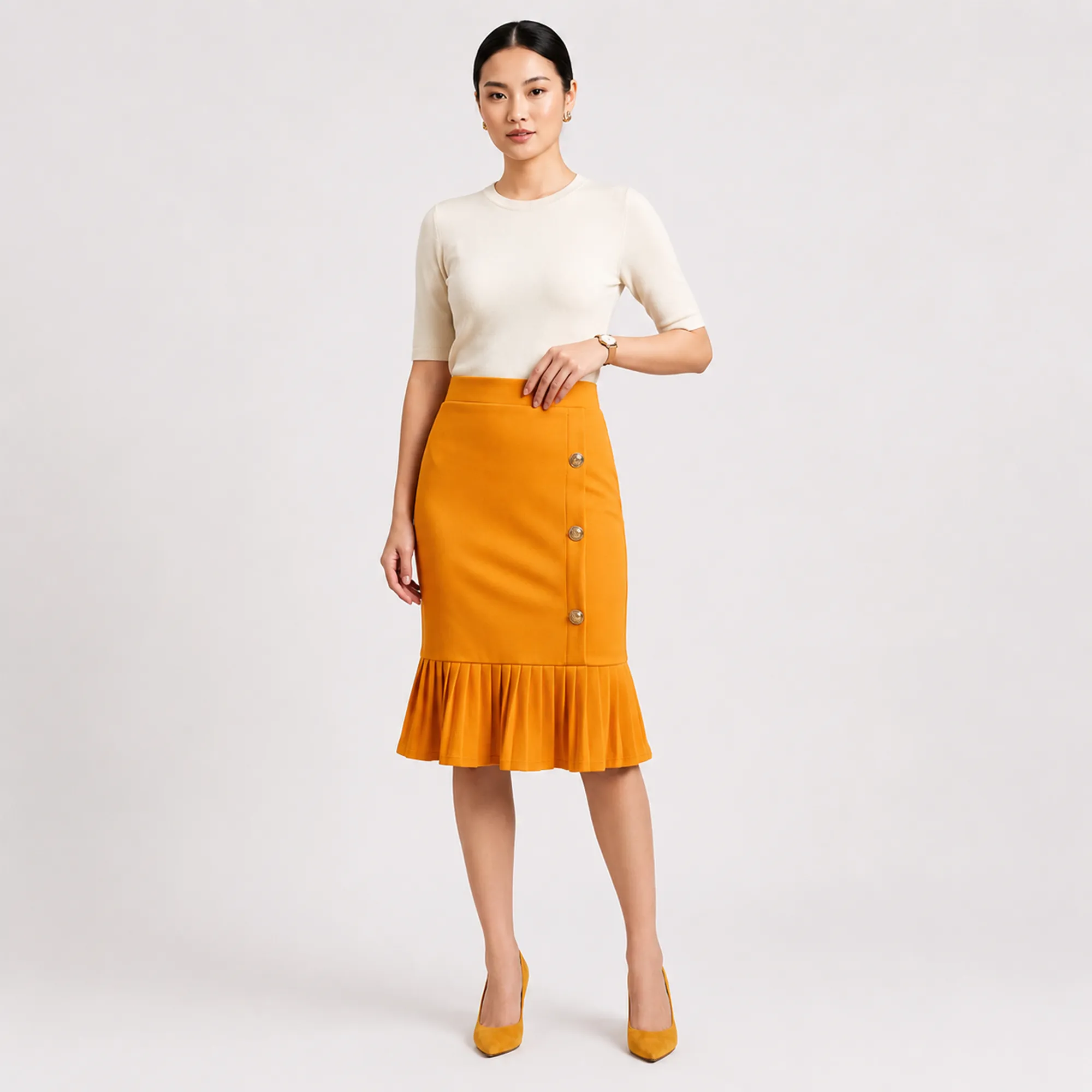 Yellow-high-waist-pleated-hem-midi-skirt-for-women-button-detail-elegant-pencil-skirt