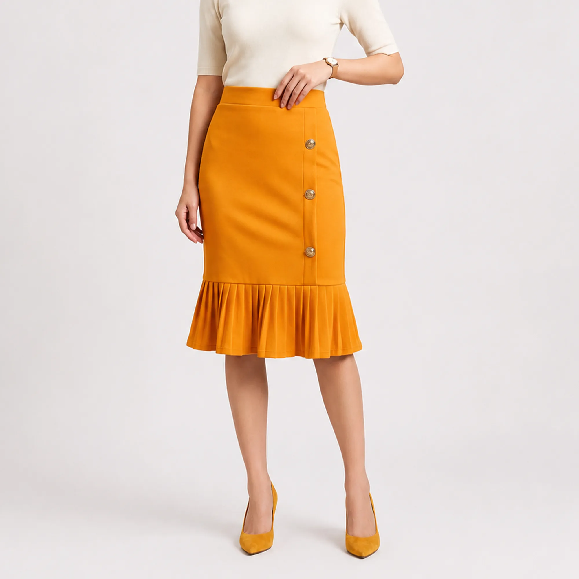 Yellow-high-waist-pleated-hem-midi-skirt-for-women-button-detail-elegant-pencil-skirt