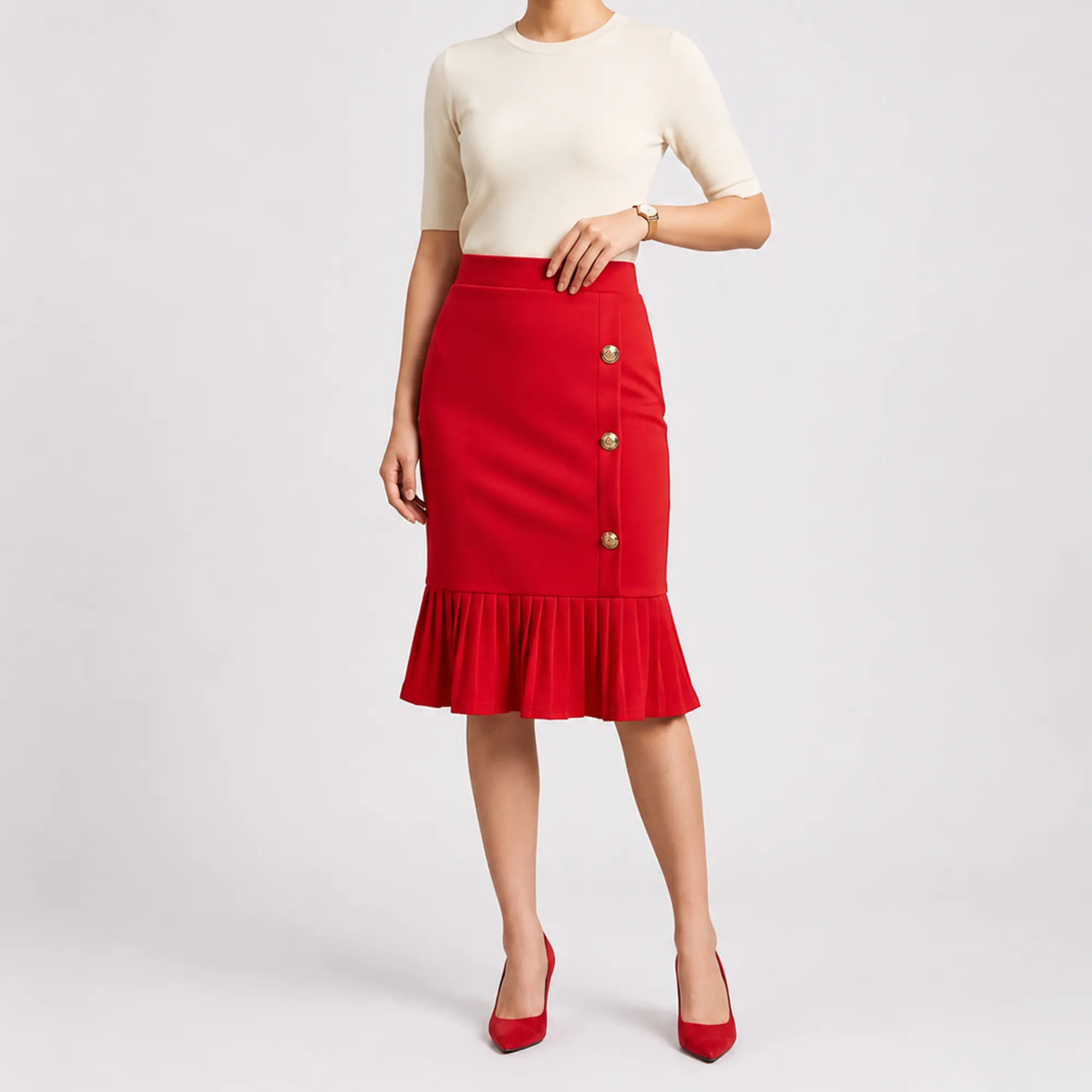 Red-high-waist-pleated-hem-midi-skirt-for-women-button-detail-elegant-pencil-skirt