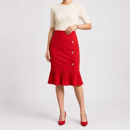 Red-high-waist-pleated-hem-midi-skirt-for-women-button-detail-elegant-pencil-skirt