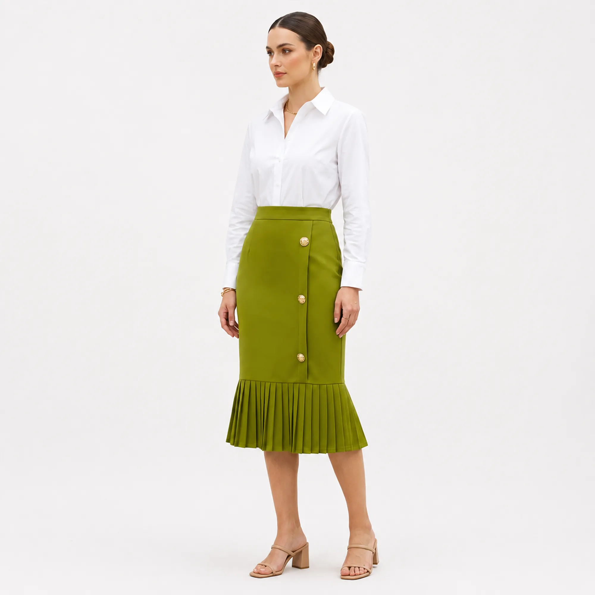 Green-high-waist-pleated-hem-midi-skirt-for-women-button-detail-elegant-pencil-skirt