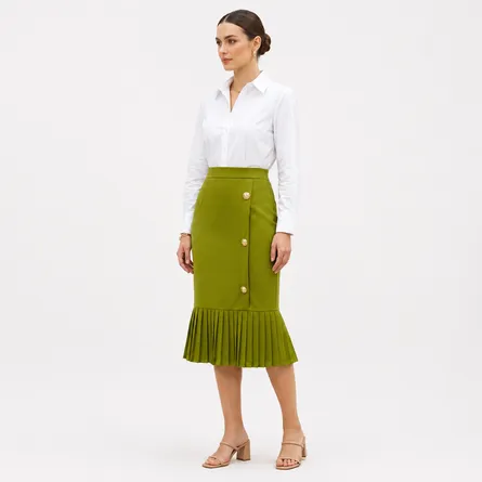 Green-high-waist-pleated-hem-midi-skirt-for-women-button-detail-elegant-pencil-skirt