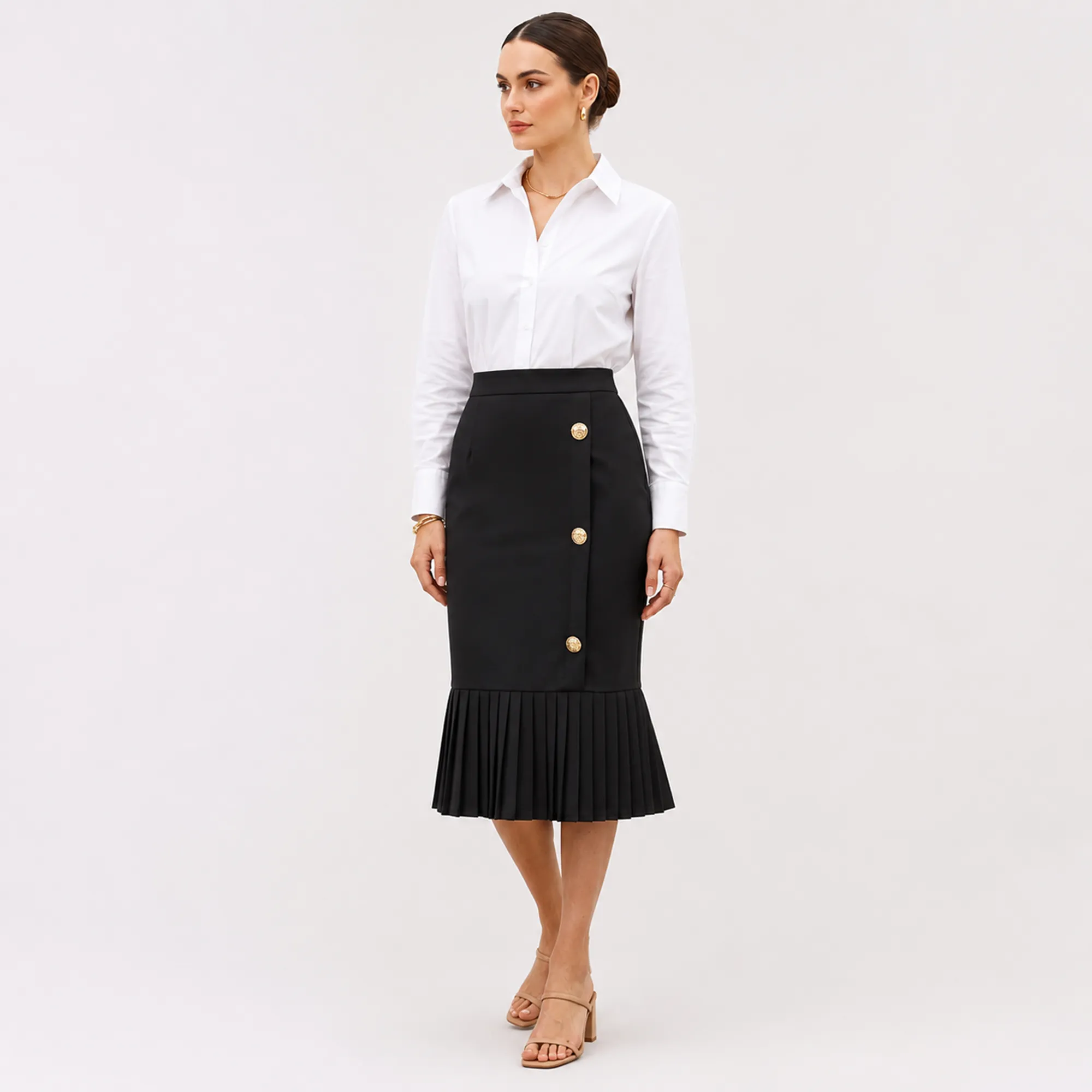 Black-high-waist-pleated-hem-midi-skirt-for-women-button-detail-elegant-pencil-skirt