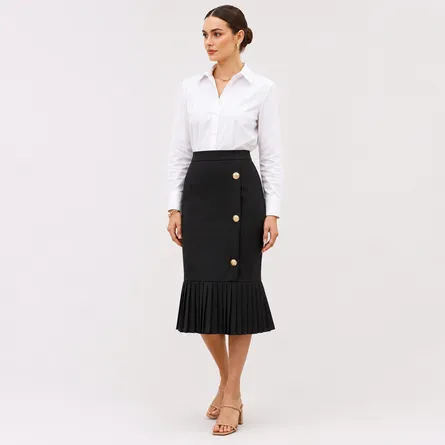 Black-high-waist-pleated-hem-midi-skirt-for-women-button-detail-elegant-pencil-skirt