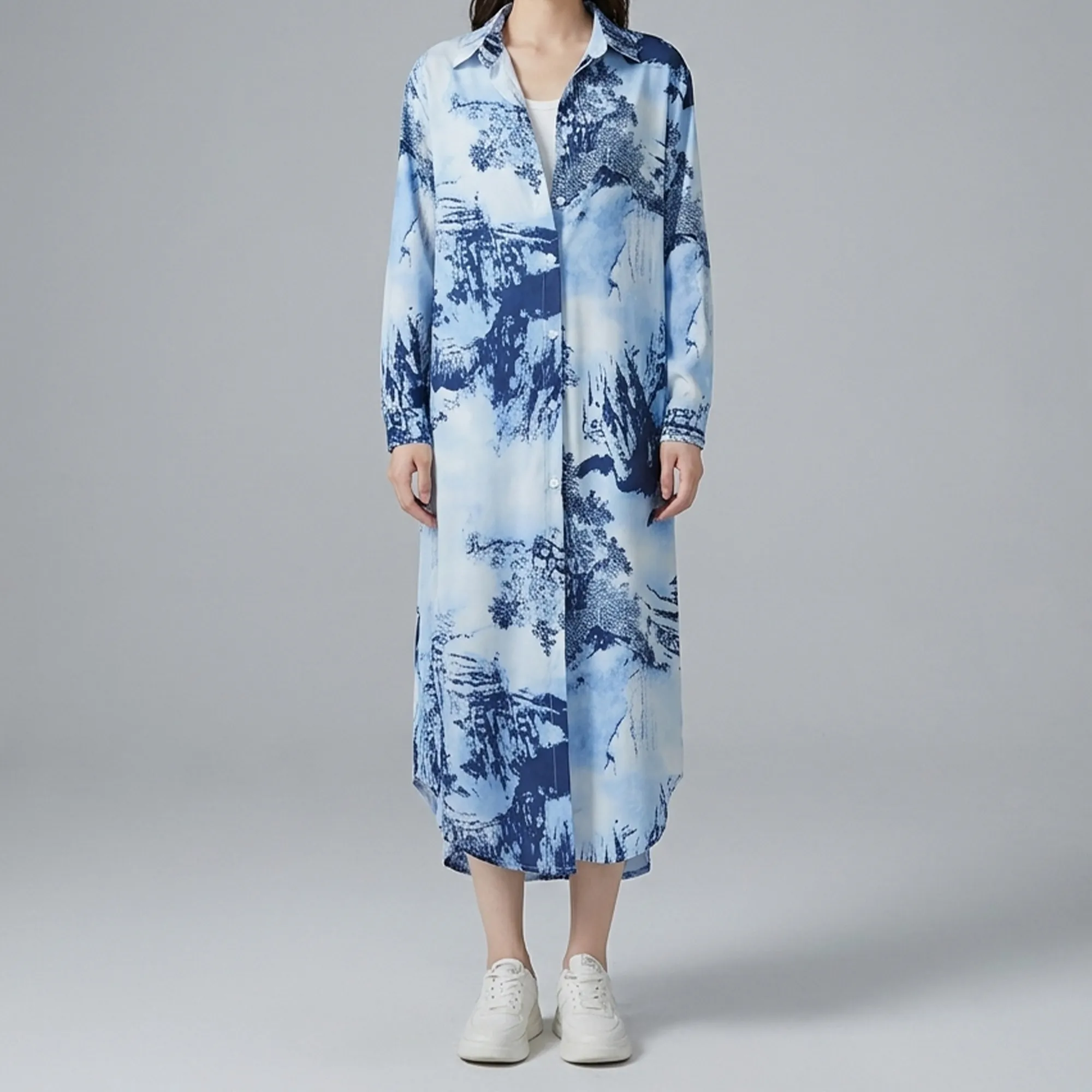 Blue-abstract-print-long-sleeve-button-down-midi-shirt-dress-for-women-with-collared-neck-and-relaxed-fit