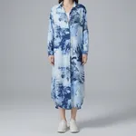 Blue-abstract-print-long-sleeve-button-down-midi-shirt-dress-for-women-with-collared-neck-and-relaxed-fit
