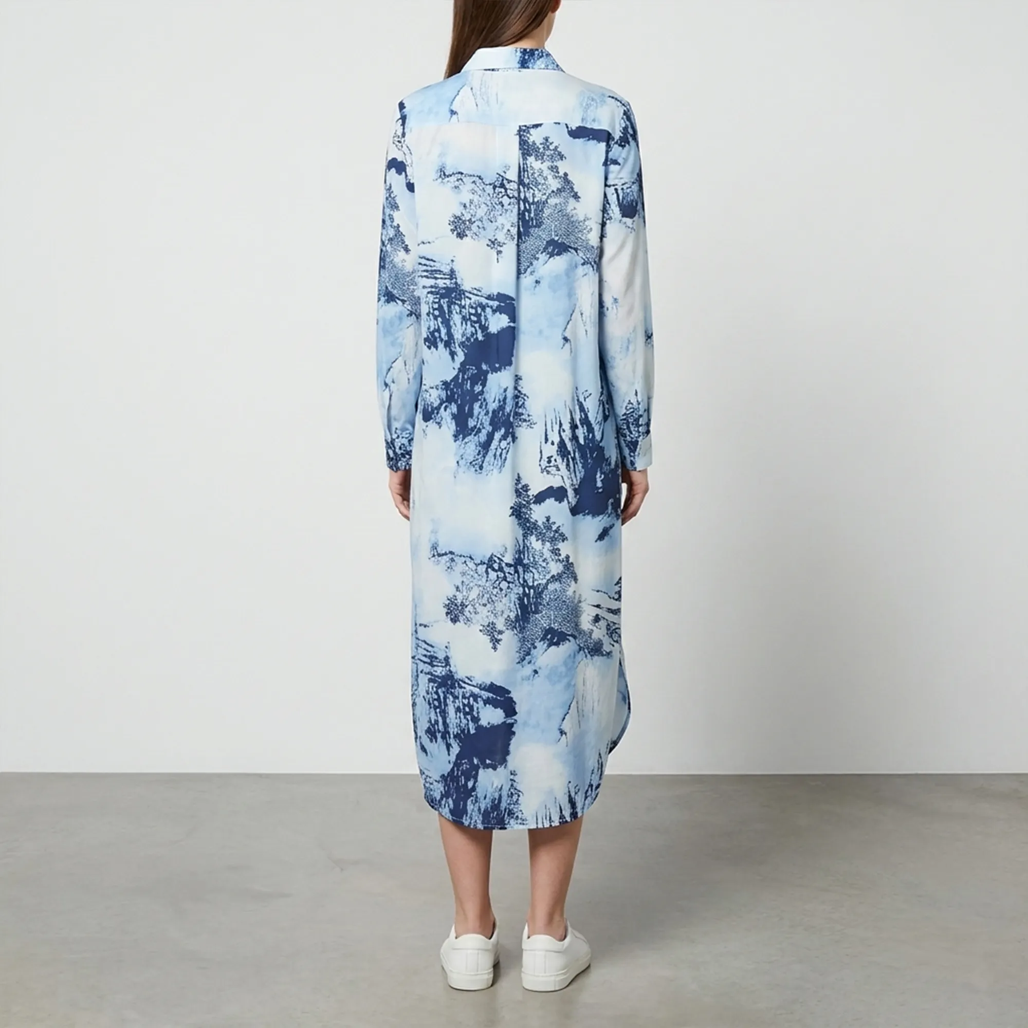 Blue-abstract-print-long-sleeve-button-down-midi-shirt-dress-for-women-with-collared-neck-and-relaxed-fit