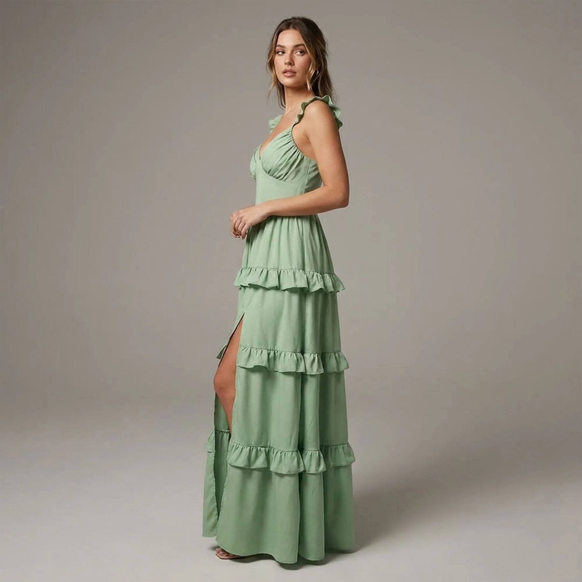 Sage-green-tiered-maxi-dress-for-women-with-sweetheart-neck-ruffle-cap-sleeves-and-front-high-slit