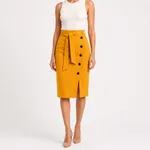 Yellow-high-waist-pencil-midi-skirt-for-women-with-belt-button-detail-front-slit-elegant-skirt