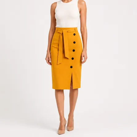 Yellow-high-waist-pencil-midi-skirt-for-women-with-belt-button-detail-front-slit-elegant-skirt