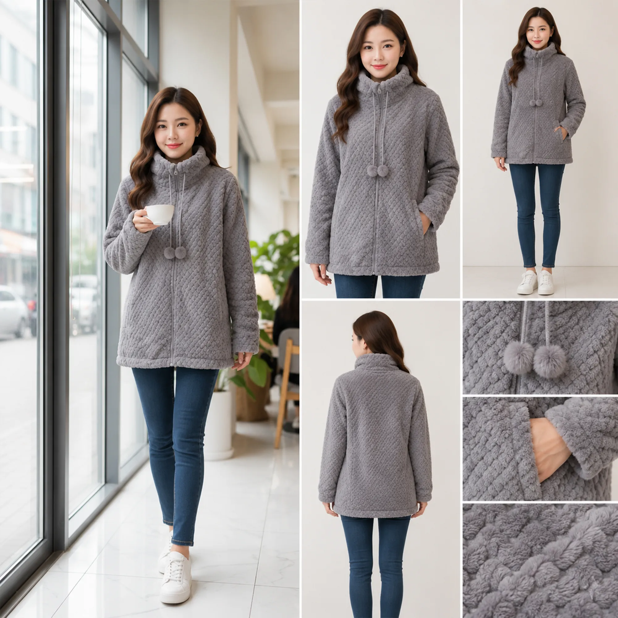 Grey-quilted-fleece-zip-up-jacket-for-women-high-neck-warm-plush-winter-outerwear
