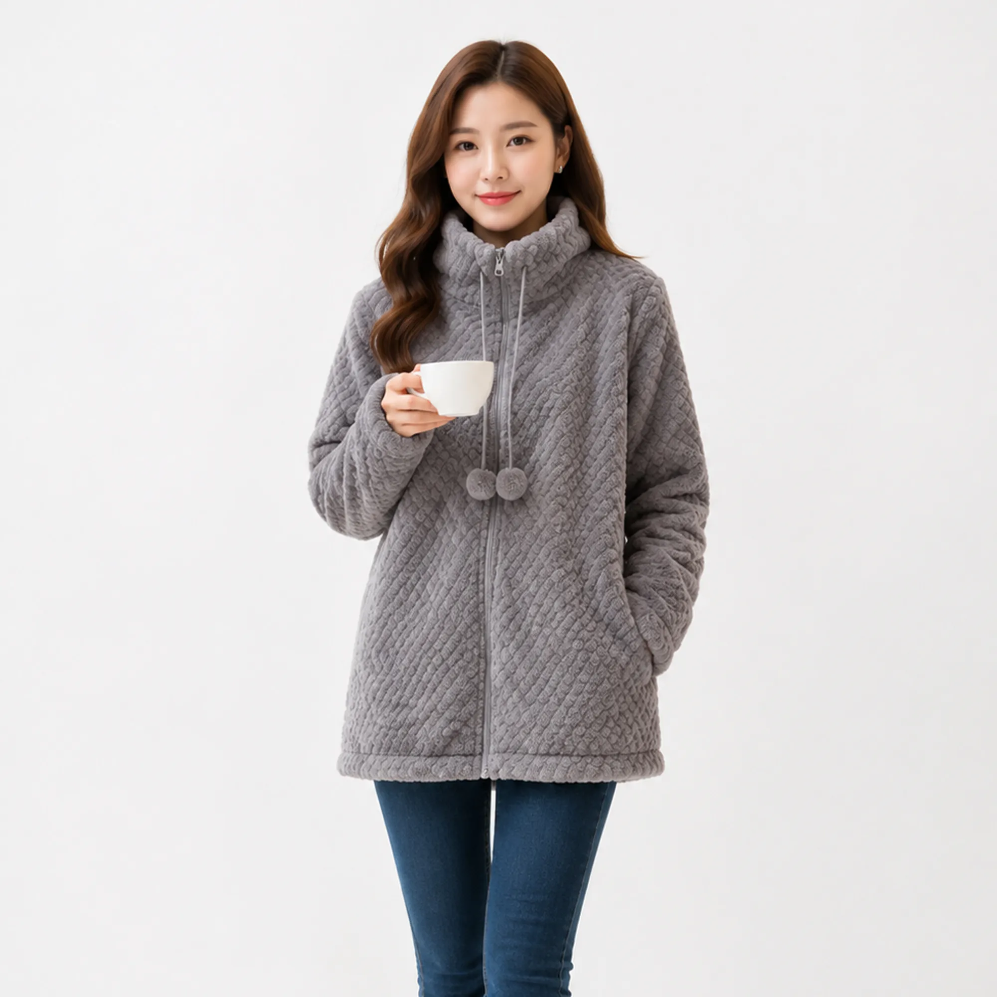 Grey-quilted-fleece-zip-up-jacket-for-women-high-neck-warm-plush-winter-outerwear